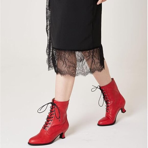 Women's Victorian Ankle Boots - Mid Calf, Round Toe, Red Boots w/Lace Up Detail - Picture 1 of 6